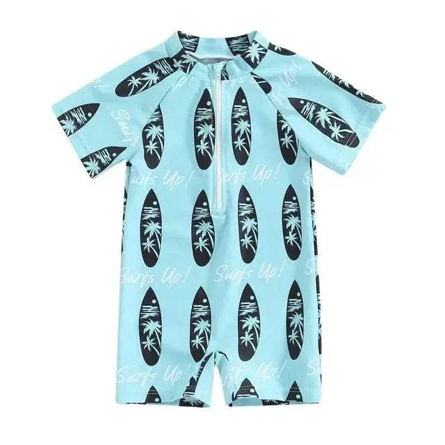 Toddler rash guard beachwear with UPF 50+ surfboard print, blue color, short sleeves.