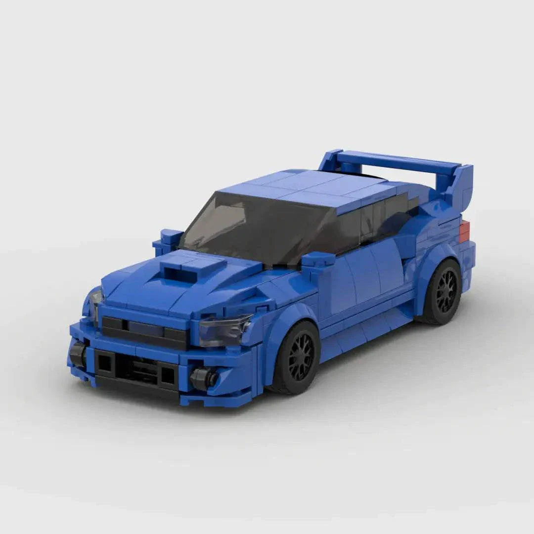 Blue LEGO model representing Subaru WRX STI sports car.