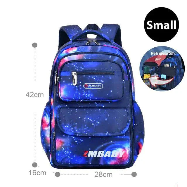 Small size Teenager School Bag with orthopedic design and galaxy pattern, 42x28x16 cm, ideal for school and travel.