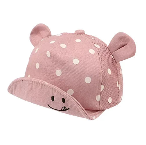 Toddler sun hat with cute dots and ear coverage for UV protection.