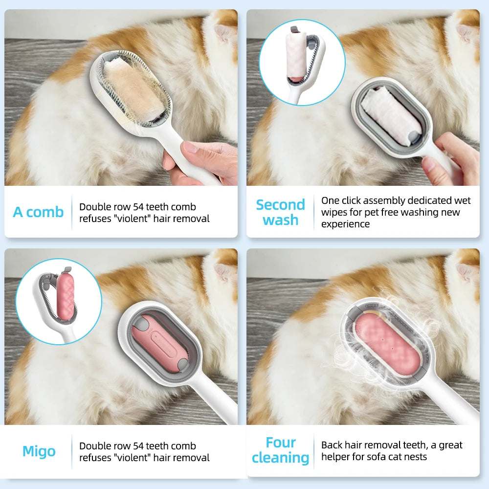 4-in-1 Pet Care Brush demonstrating combing, washing, massaging, and fur removal features on a cat.