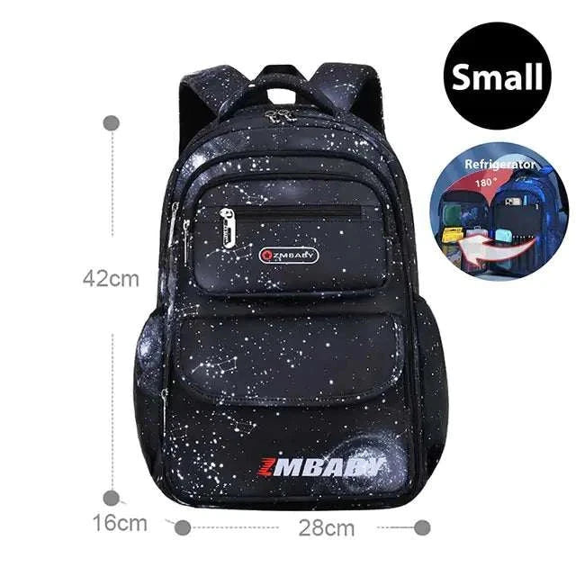 Small black teenager school bag with white speckled pattern, features multiple zippered compartments and orthopedic design for comfortable weight distribution.