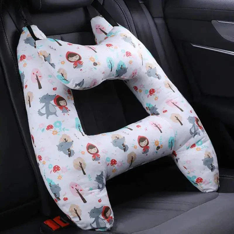 Kids car travel pillow with colorful design for neck support in car seat.