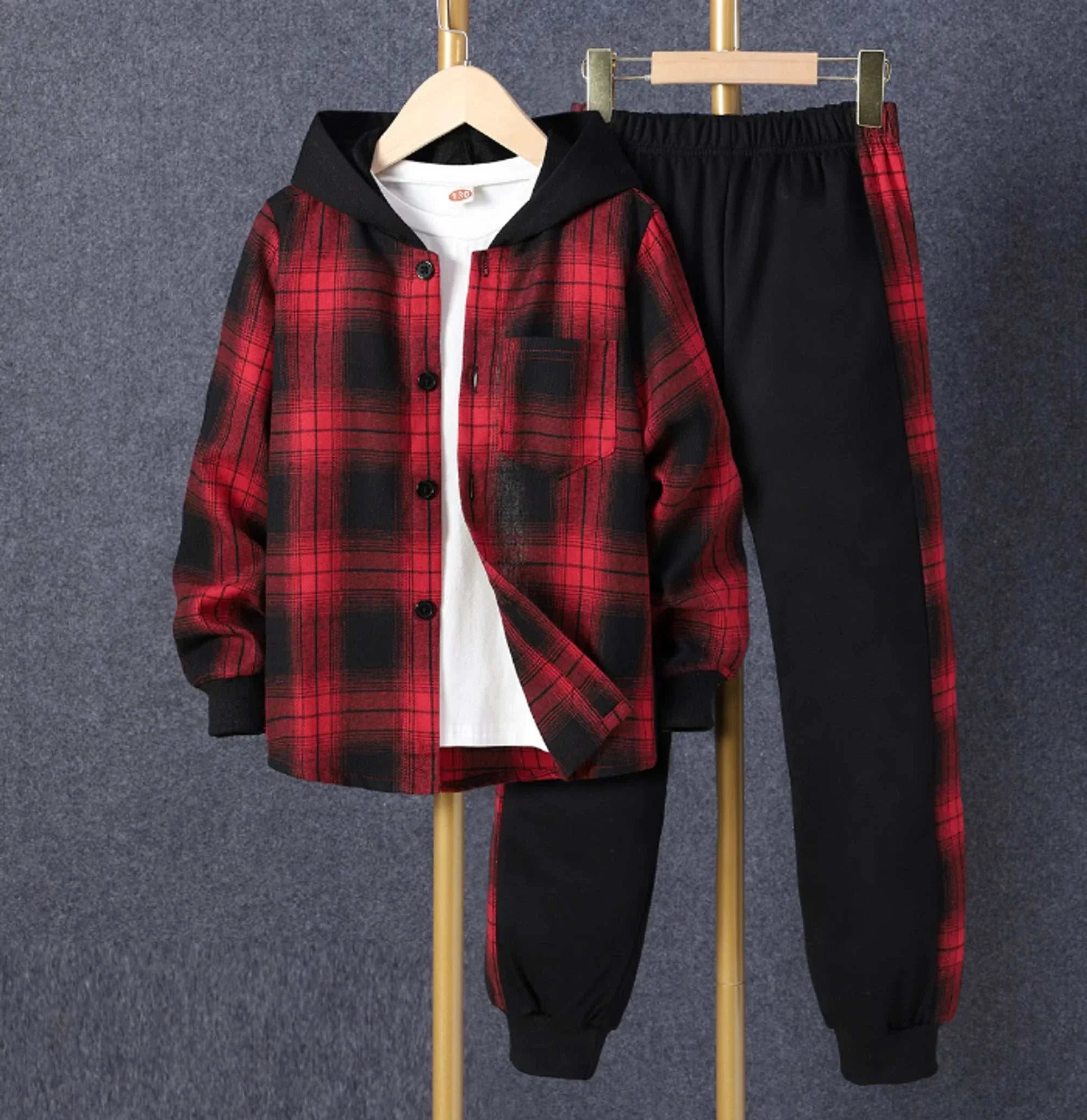 Charming Toddler Outfits - Red Plaid Jacket and Black Pants Set for Kids.