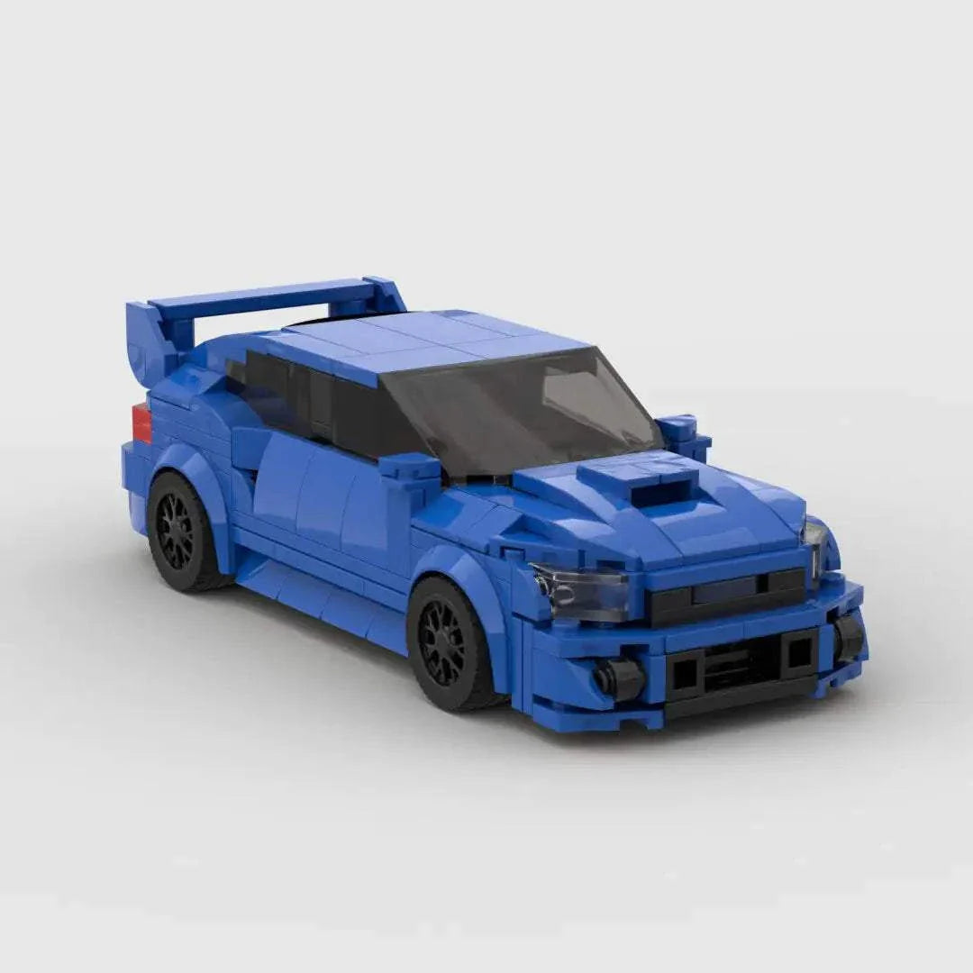 Blue LEGO model of Subaru WRX STI on a neutral background.