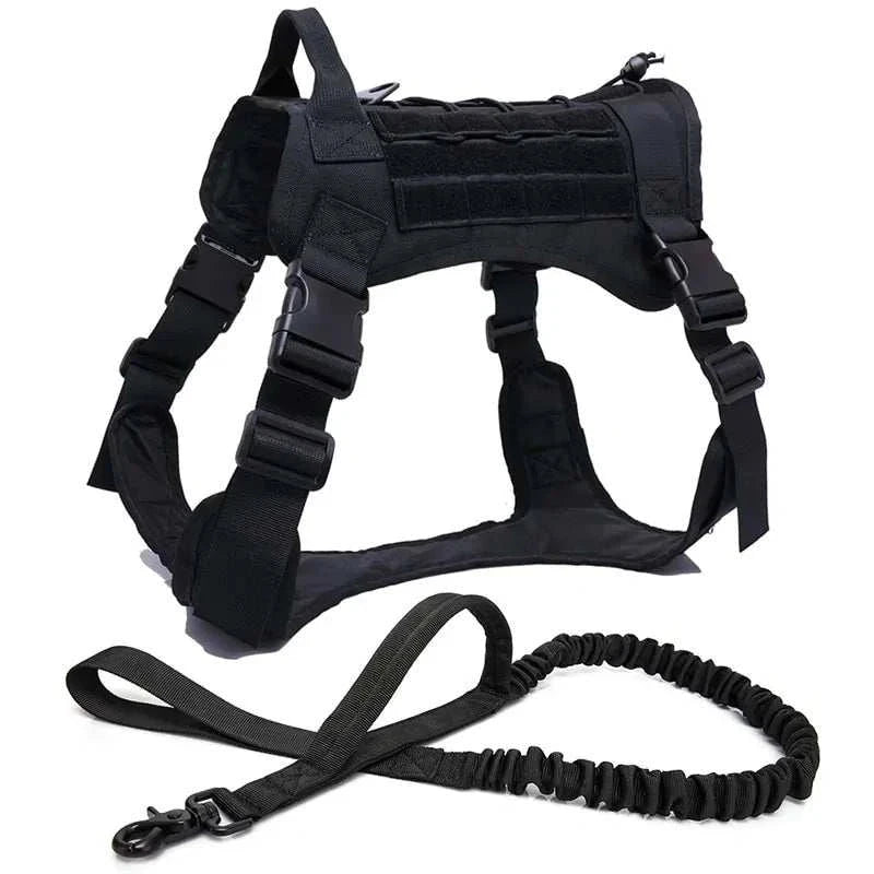 Durable nylon tactical dog harness with handle and bungee leash for large dogs in black color.