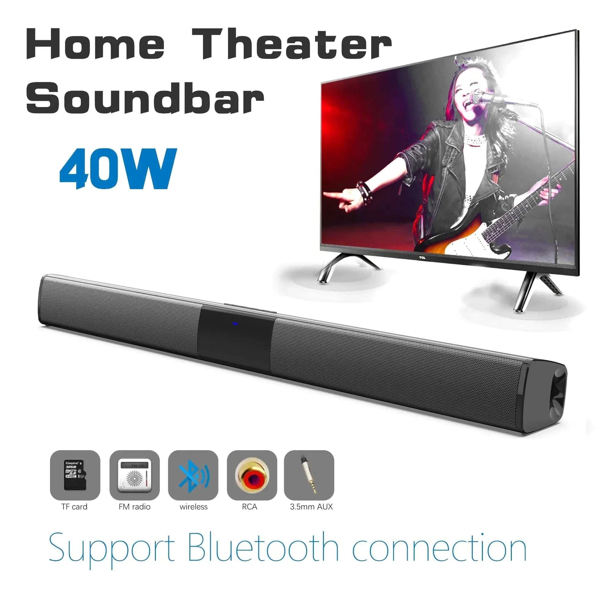 Home Theater Wireless Sound Bar with Bluetooth, 40W, supports TF card, FM radio, RCA, and 3.5mm AUX connection.