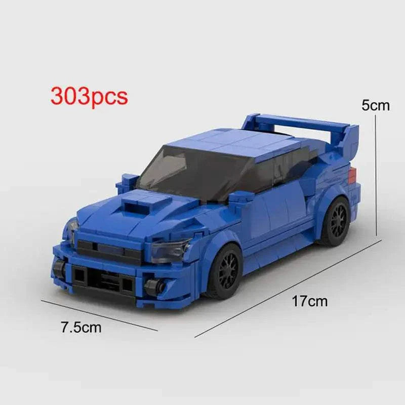 Subaru WRX STI blue toy model, 303 pieces, dimensions 17cm x 7.5cm x 5cm.