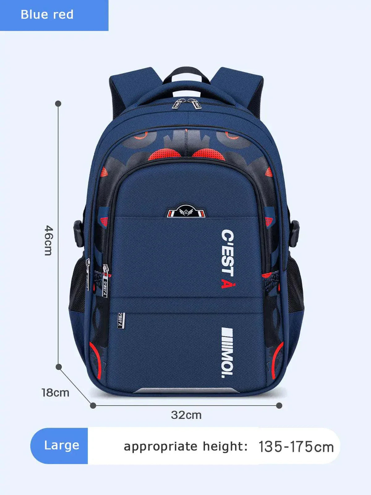 Teenager School Bag in blue-red color, large size, 46x32x18cm, ideal for ages 13-17.