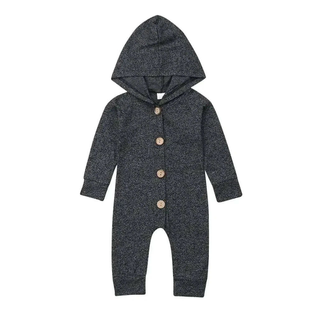 Baby Toddler Hooded Romper with long sleeves and button-down closure in solid color.