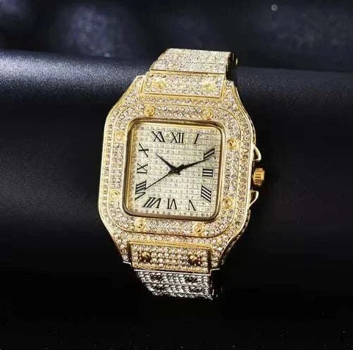 Unisex diamond bust down watch with moissanite stones and stainless steel casing.