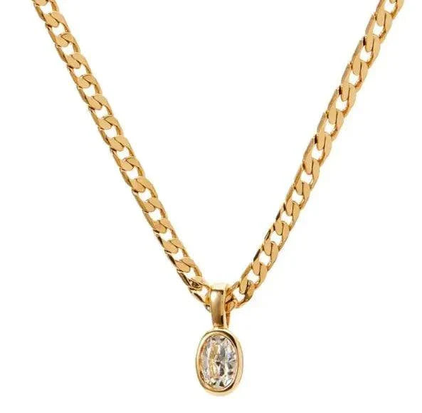 Crystal Stone Pendant Necklace with gold chain and clear crystal stone.