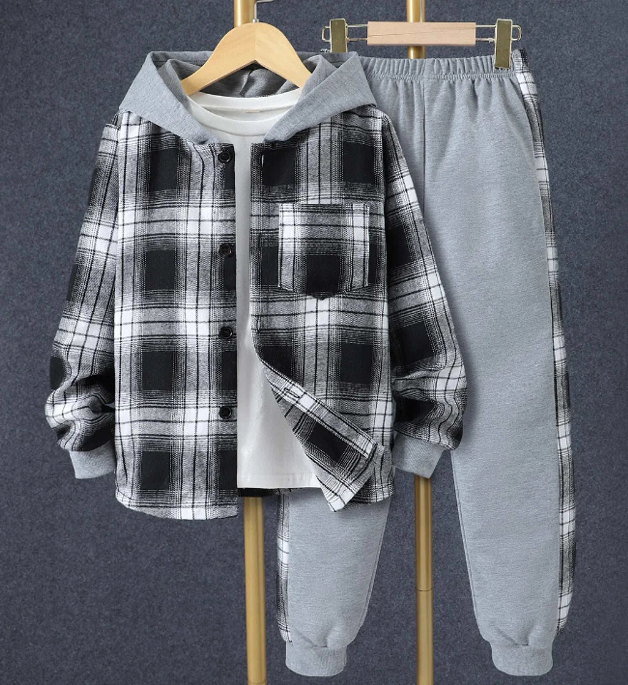 Plaid toddler outfit with a hoodie and grey pants, ideal for casual wear and playdates.