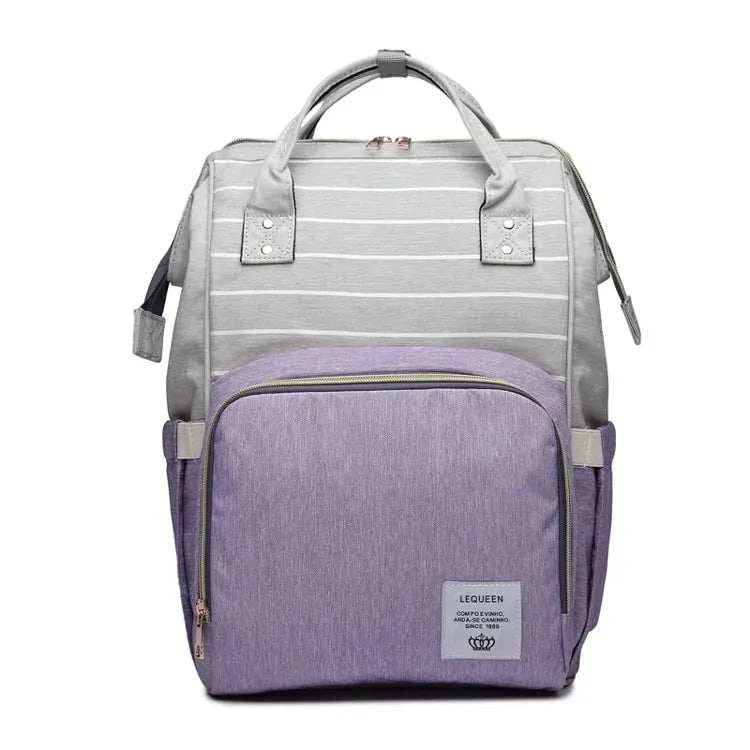 Fashion Maternity Nappy Bag with gray and purple design, spacious compartments, and convenient pockets for busy moms.