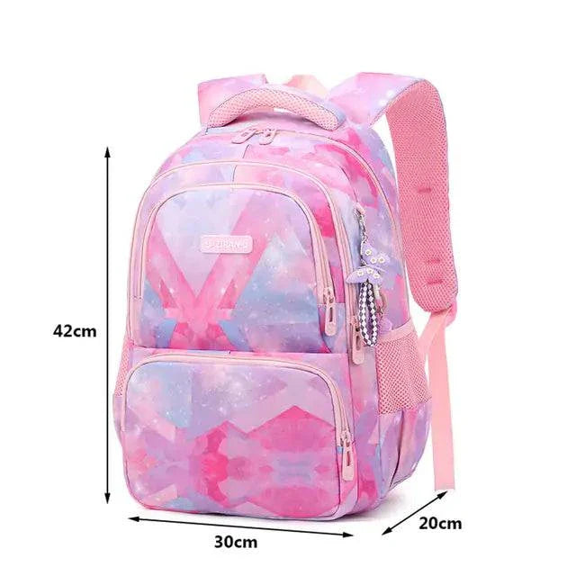 Teenager school bag with pink candy orthopedic design and multiple compartments.