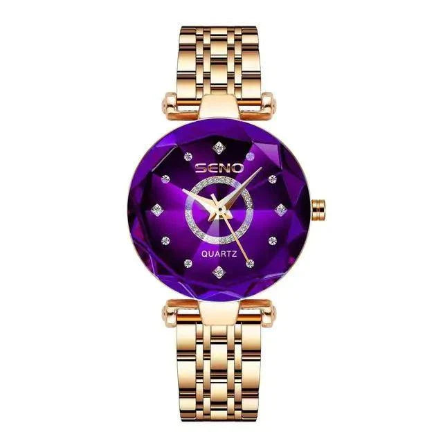 Elegant quartz watch with purple dial and gold stainless steel band.