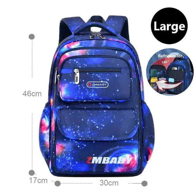 Teenager school bag in blue galaxy print with orthopedic design, large size, spacious and versatile for textbooks and tech gear.