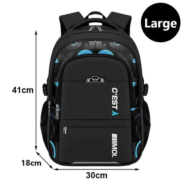 Teenager School Bag, large size, 41x30x18 cm, black design with blue accents, featuring spacious compartments and ergonomic straps.