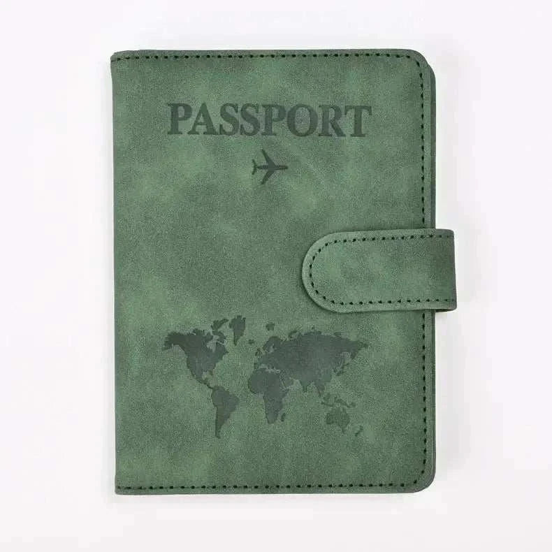 Green PU Leather Passport and Card Holder with world map design, ideal for secure, stylish travel organization.