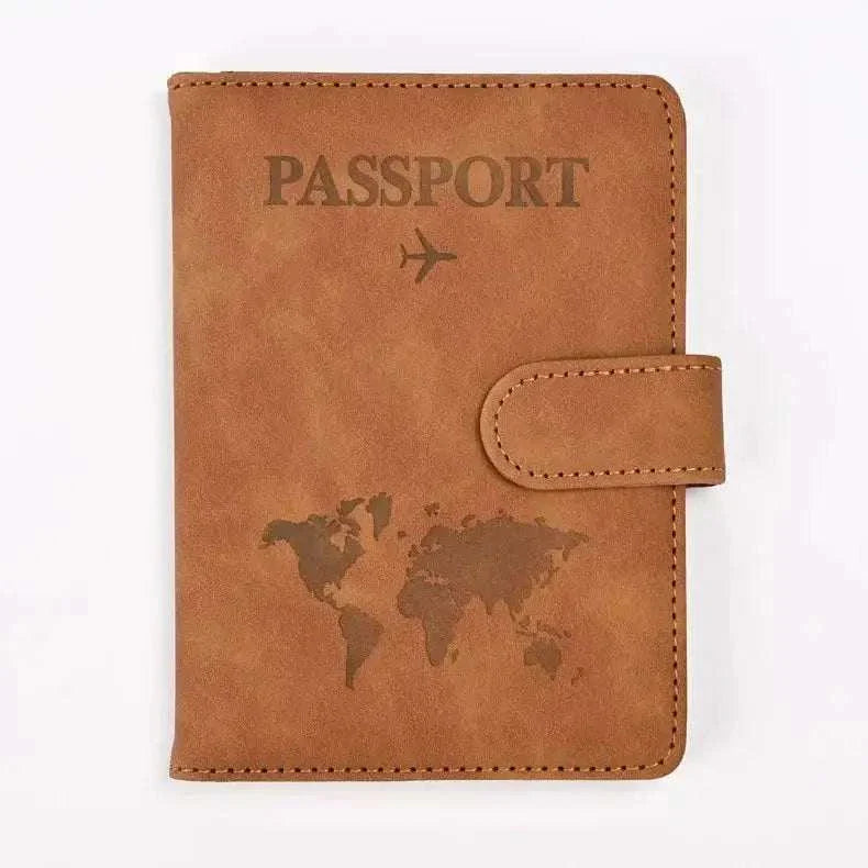 PU Leather Passport and Card Holder with world map design, camel color.