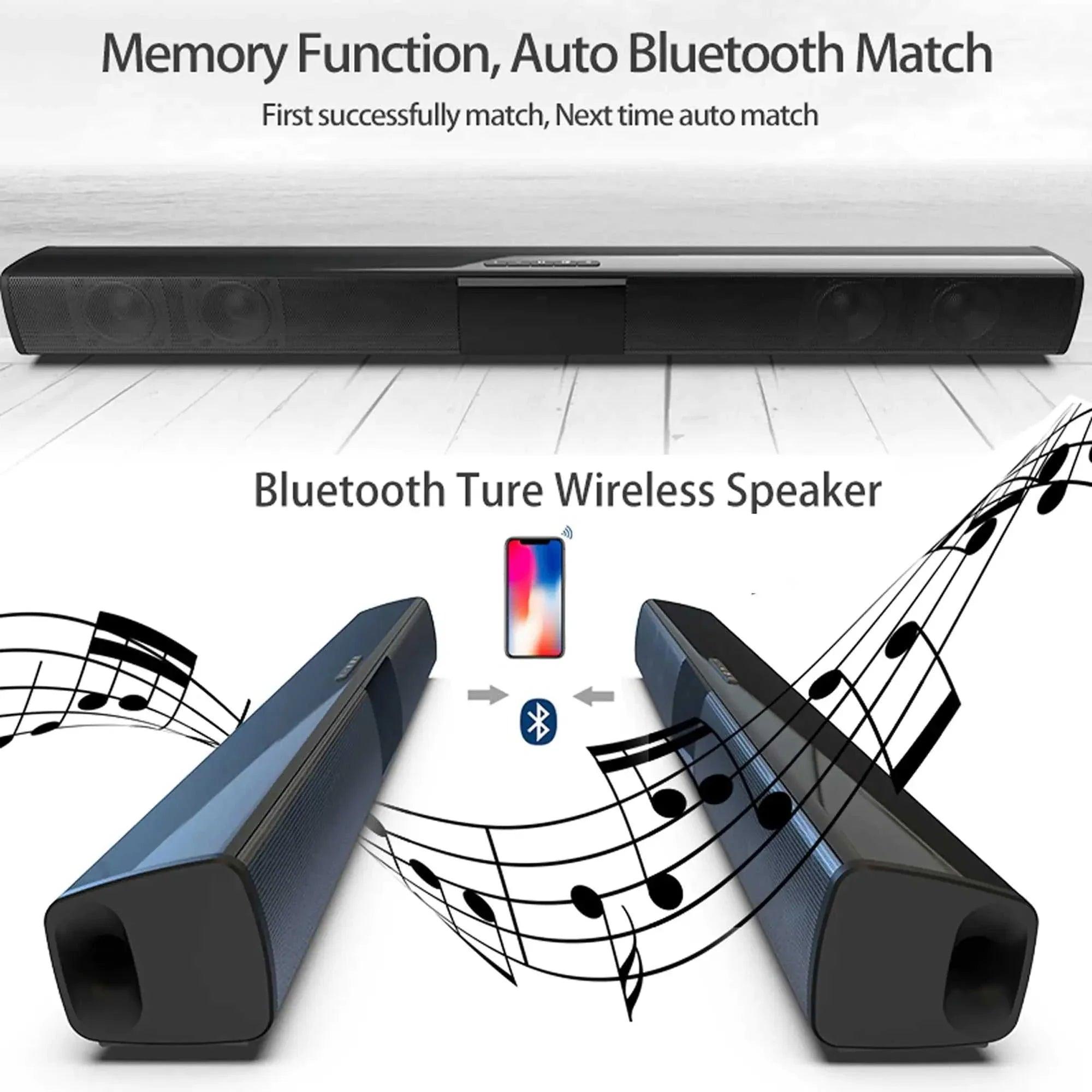 Home theater wireless sound bar with Bluetooth connectivity and memory function.