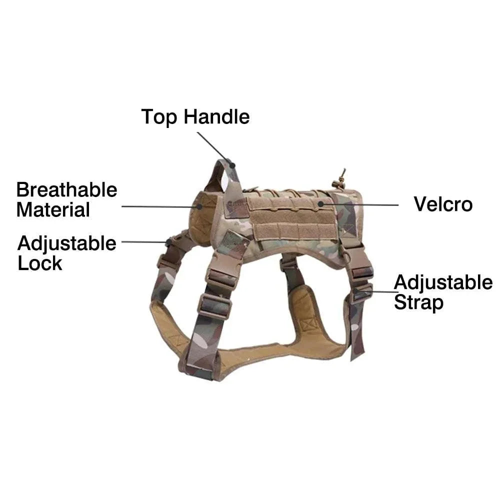 Nylon tactical dog harness with handle, bungee leash, and adjustable straps.