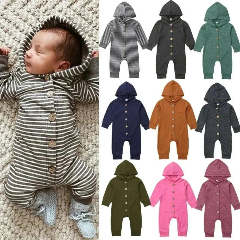 Baby Toddler Hooded Romper in various solid colors, featuring long sleeves, button closure, and attached hood for warmth and comfort.