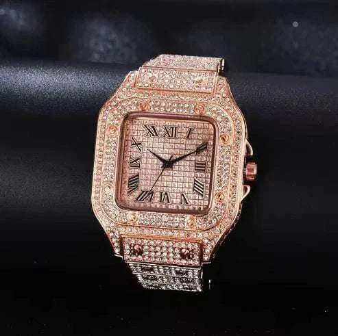 Unisex diamond bust down watch with moissanite stones and stainless steel band.