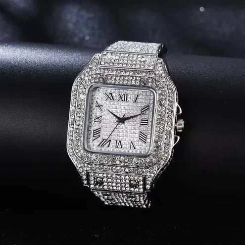 Unisex diamond bust down watch with fully iced-out moissanite stones and stainless steel case.