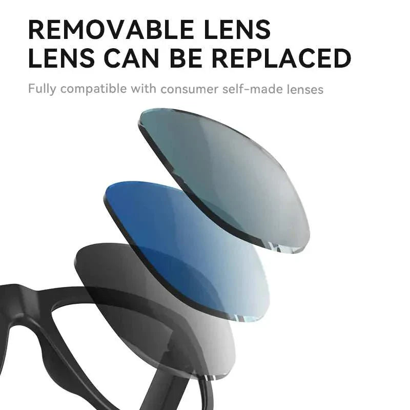 Removable lens feature of Headphone Smart Sunglasses with customizable lens options.