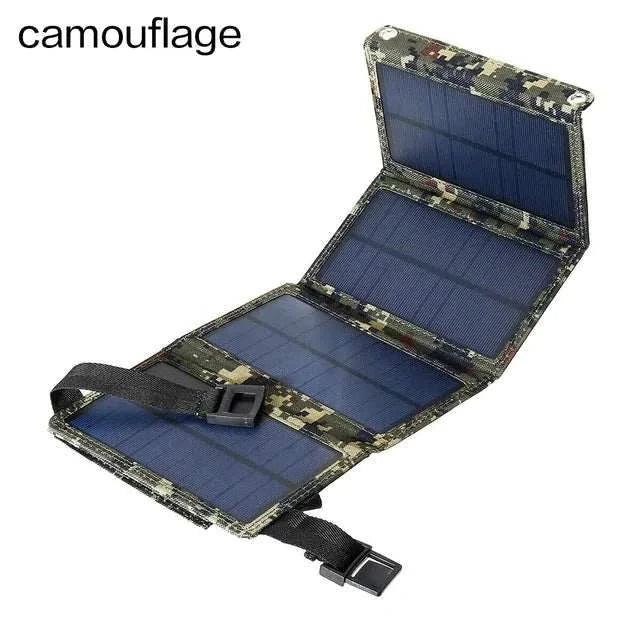 Camouflage waterproof foldable solar panel for outdoor adventures and emergency power solutions.