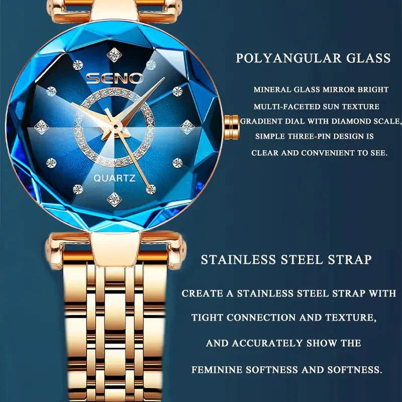 Elegant quartz watch with a blue gradient dial, diamond markers, and a stainless steel strap.