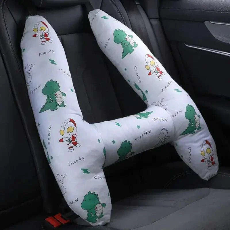 Kids car travel pillow with ergonomic design for neck support, featuring cute dinosaur and animal prints.