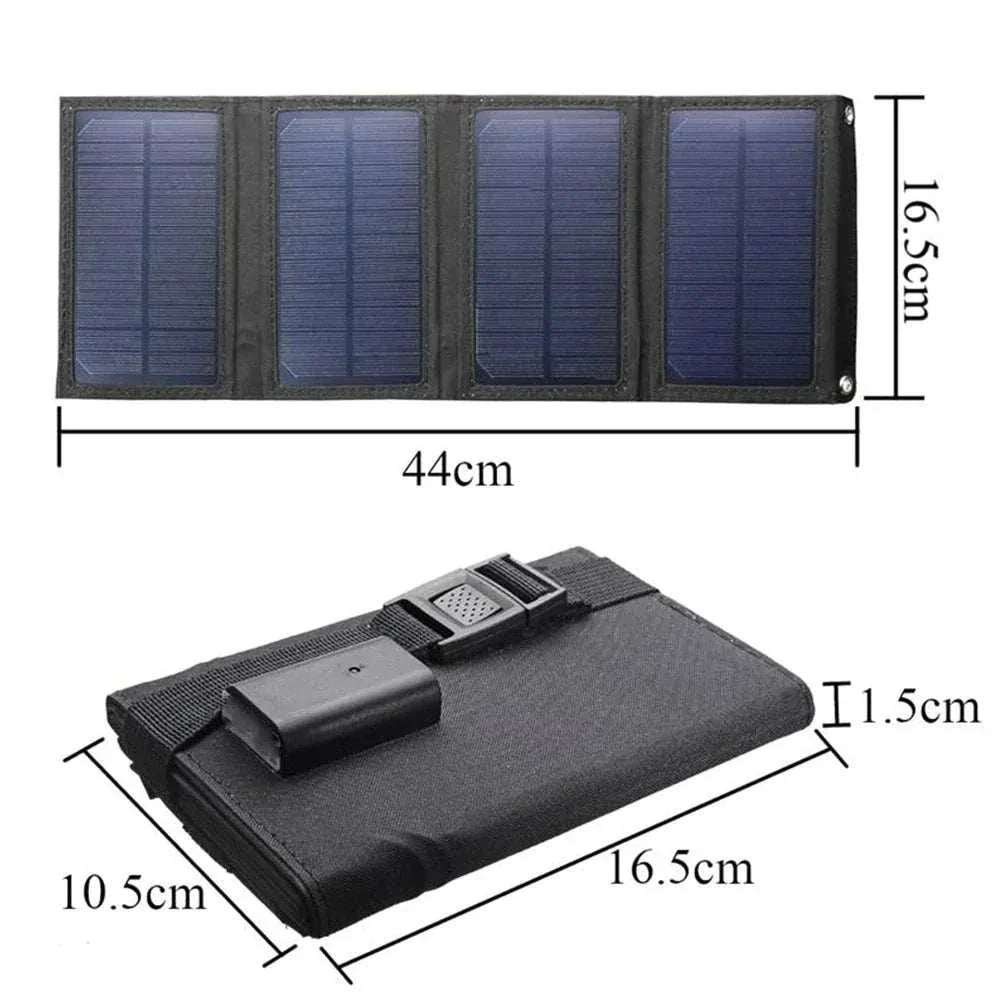 Waterproof foldable solar panel with dimensions, ideal for portable charging.