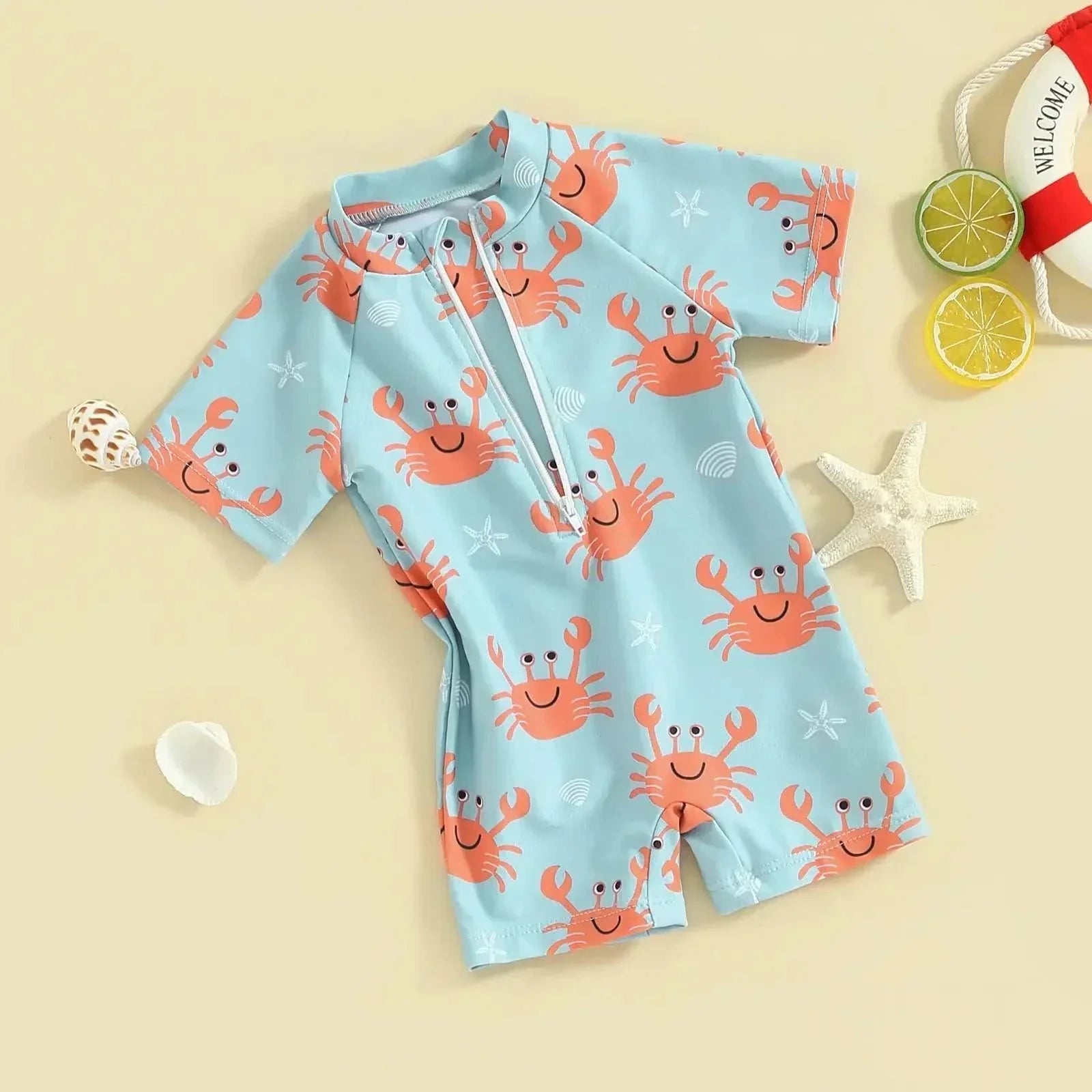 Toddler rash guard beachwear with playful crab design, UPF 50+ sun protection, and flexible fit for toddlers.